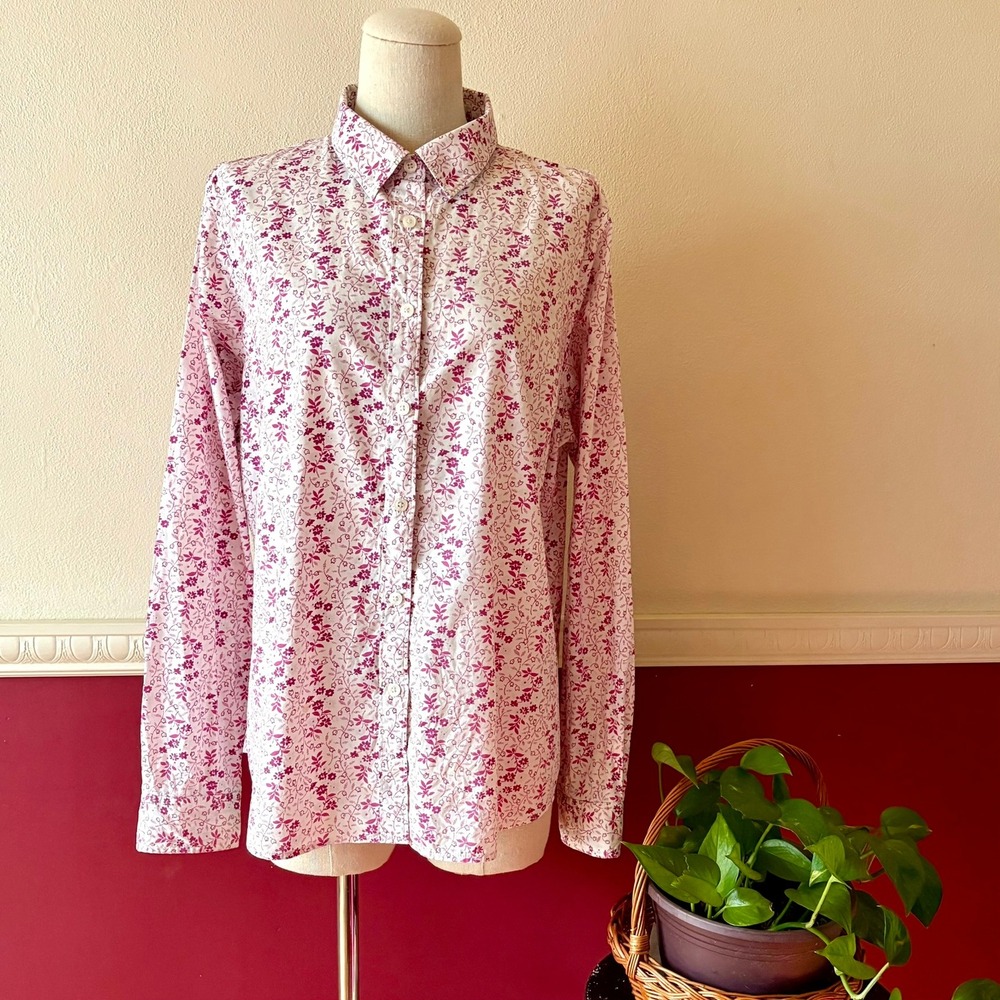 L.L.β Bean Floral Button Down Top Pink White Long Sleeve M Cotton Stretch Preppy
